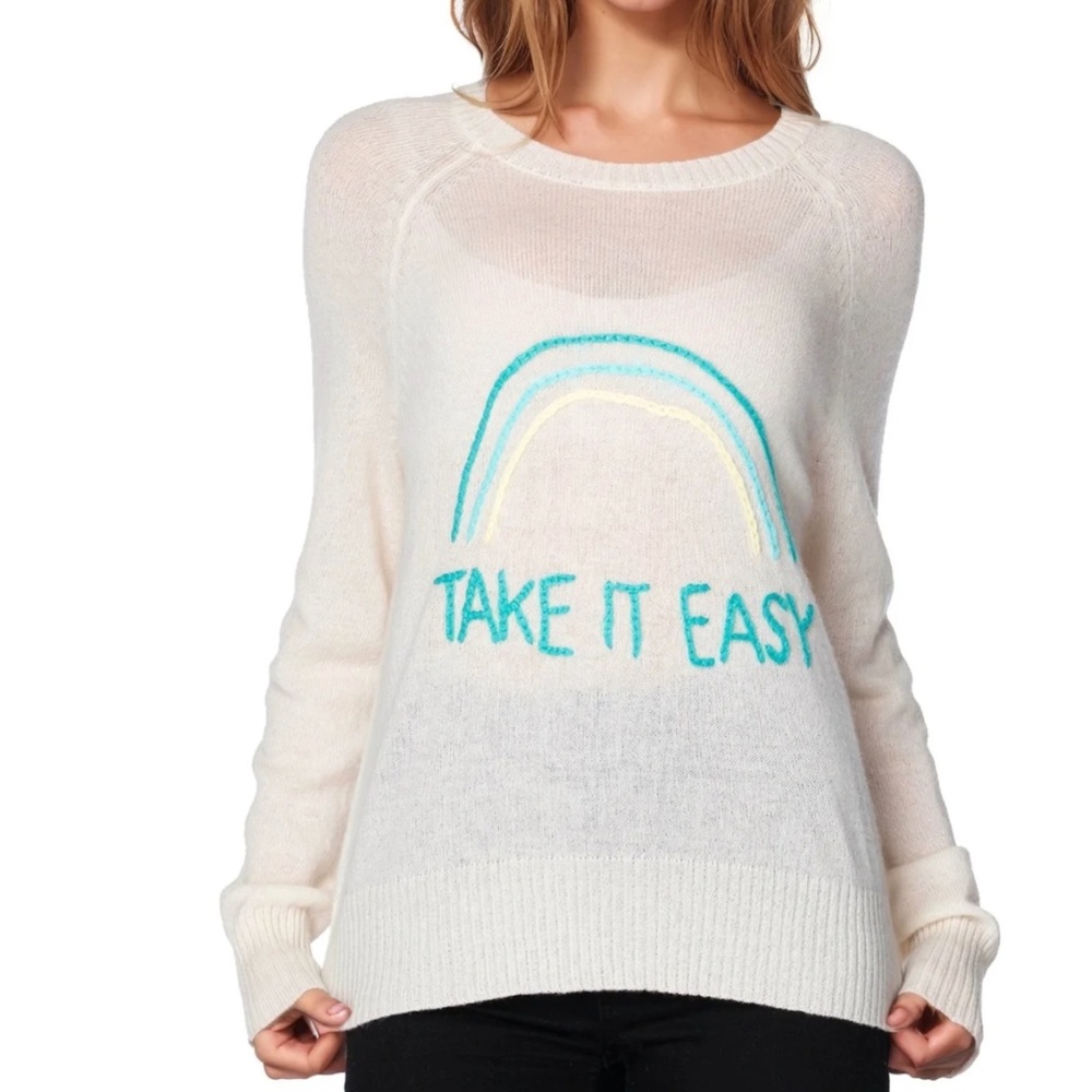 NWOT‎ Golden Sun Cashmere Crewneck Take it Easy Embroidery Sweater